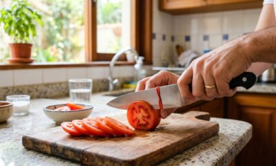 O truque do elástico na faca que facilita cortes e evita aquela bagunça chata na cozinha
