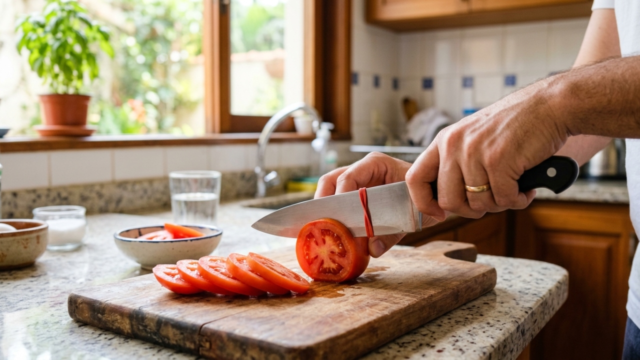 O truque do elástico na faca que facilita cortes e evita aquela bagunça chata na cozinha