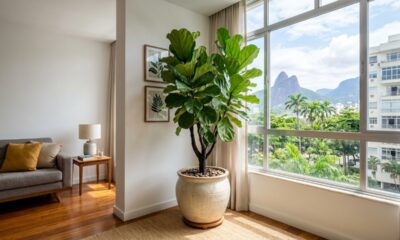 Canto vazio perto da janela fica mais interessante com ficus lyrata e ganha presença na decoração