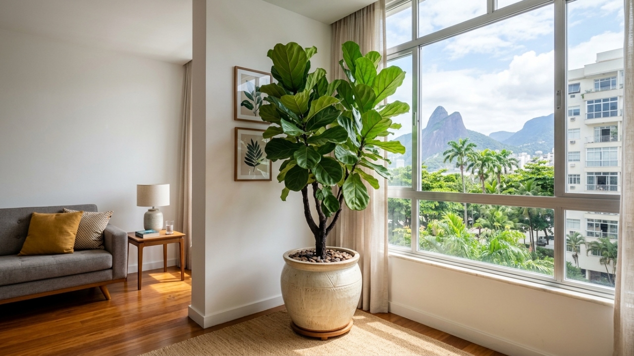 Canto vazio perto da janela fica mais interessante com ficus lyrata e ganha presença na decoração