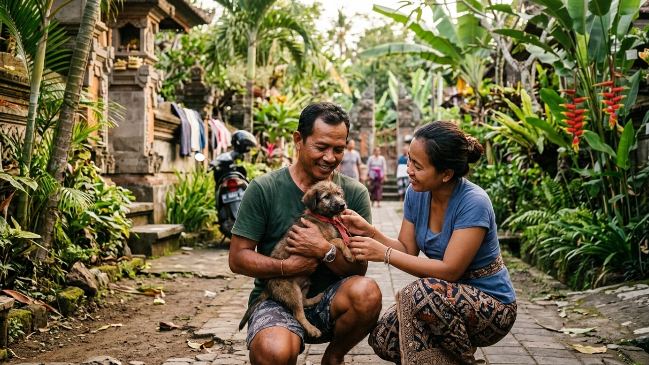 Casal conhece filhote de cachorro perdido em Bali e decide salvá-lo