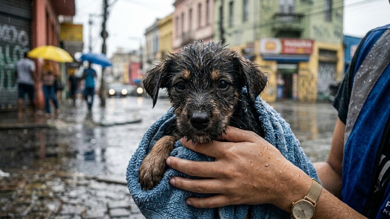 Cachorrinho abandonado é resgatado da chuva e ganha nova chance