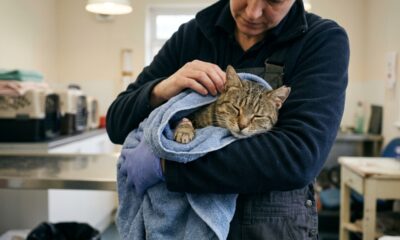 Gato ferido se derrete nos braços do socorrista ao perceber que está seguro
