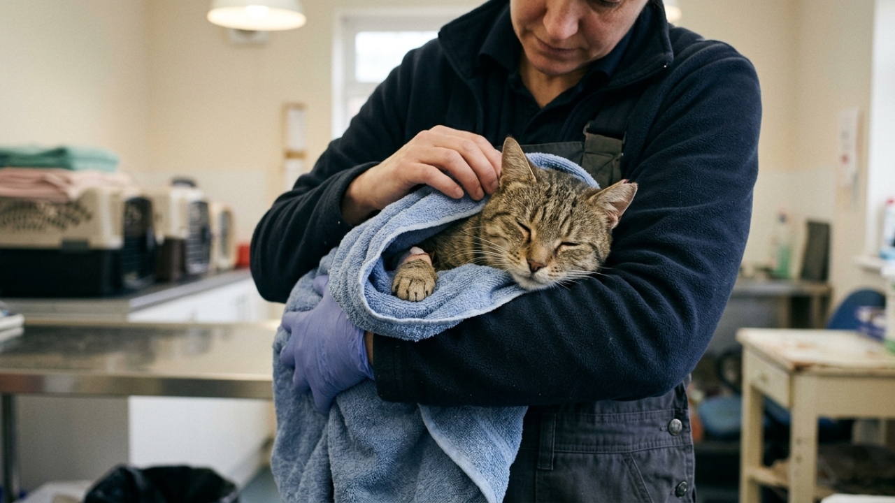 Gato ferido se derrete nos braços do socorrista ao perceber que está seguro