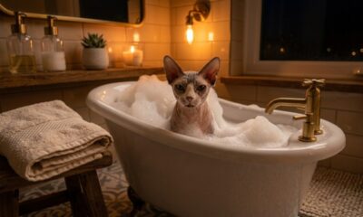 Gato sem pelos toma banhos de espuma elaborados todos os domingos à noite