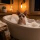 Gato sem pelos toma banhos de espuma elaborados todos os domingos à noite