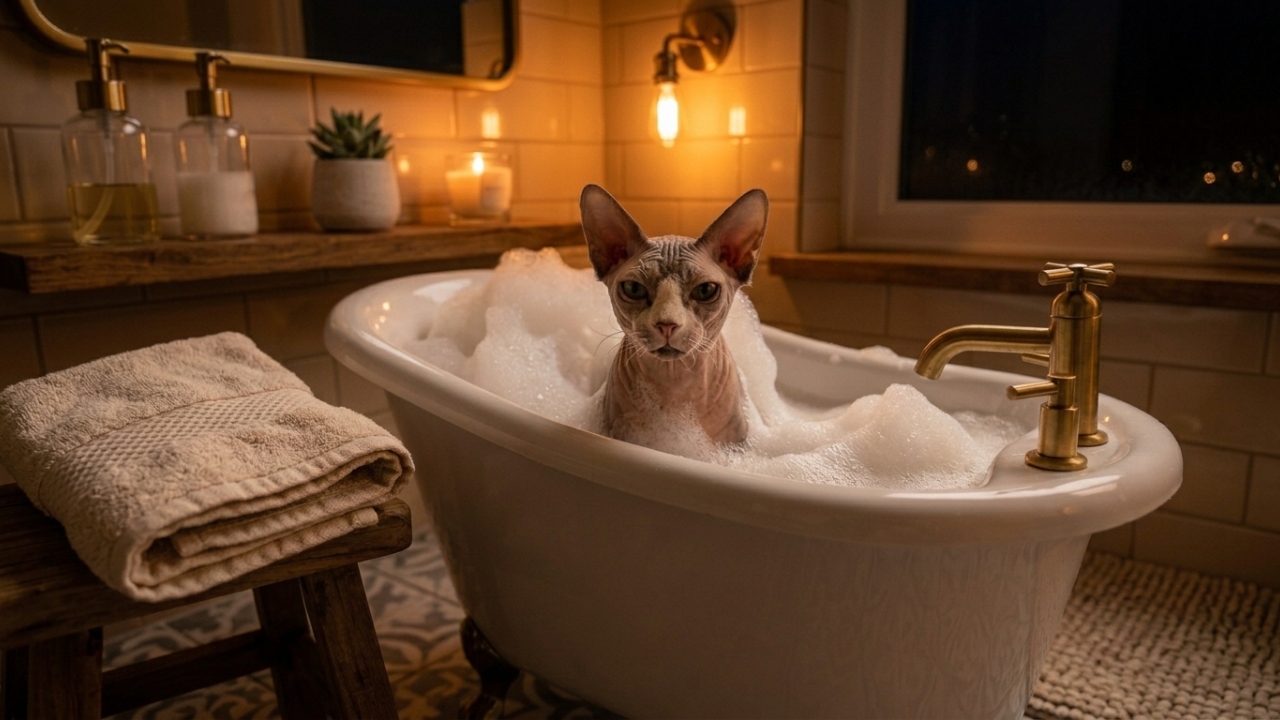 Gato sem pelos toma banhos de espuma elaborados todos os domingos à noite