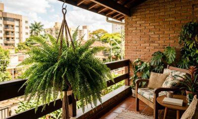 Plantas suspensas na varanda deixam o cantinho com cara de refúgio, e a samambaia é uma das favoritas