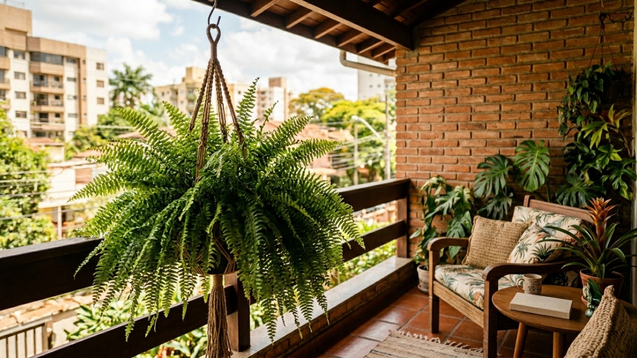 Plantas suspensas na varanda deixam o cantinho com cara de refúgio, e a samambaia é uma das favoritas