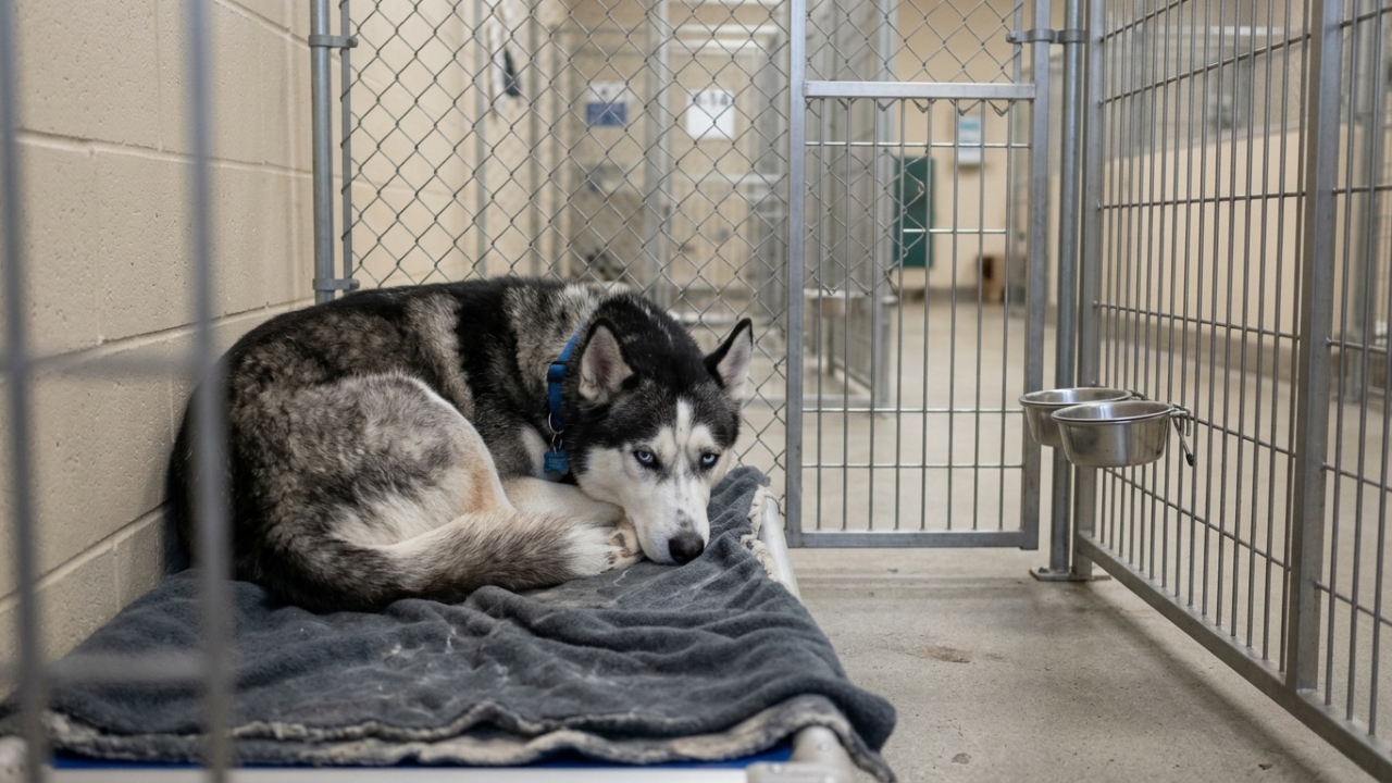 Husky abandonado por ser “demais” fica encolhido sozinho em abrigo