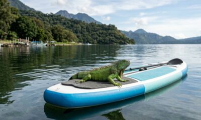 Iguana nada até praticante de stand-pp paddle e busca ajuda em cena inusitada