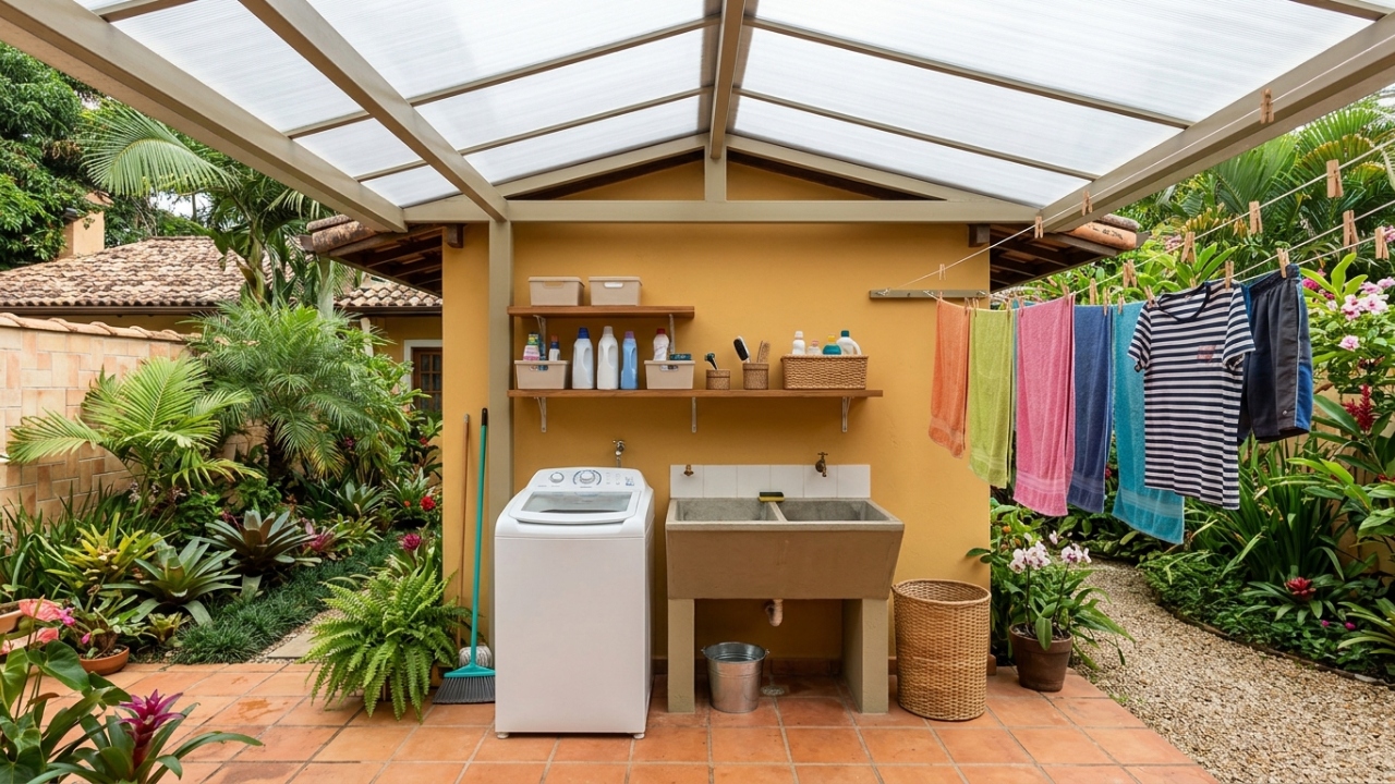 Como fazer uma lavanderia externa com cobertura leve e proteger roupas e produtos da chuva