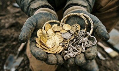 Um homem caminhava por um campo e encontrou um enorme tesouro de ouro viking