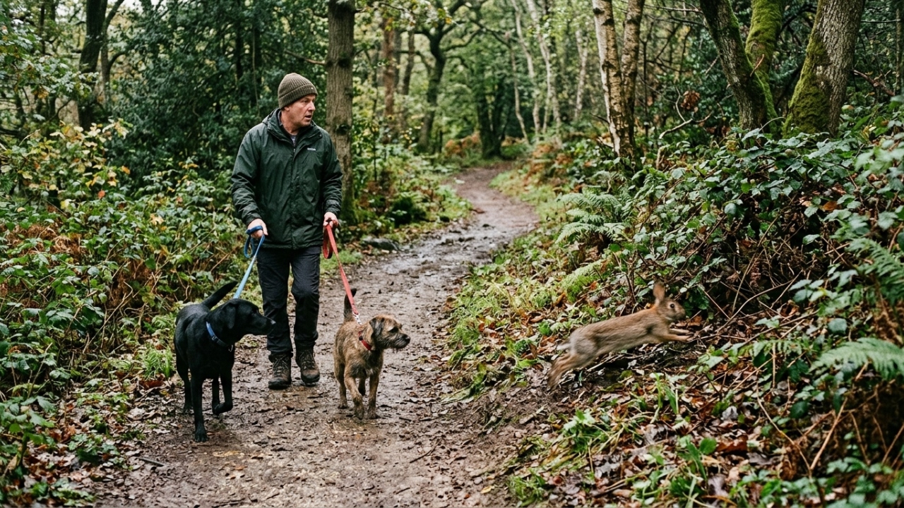 Um homem que passeava com seus cachorros viu um coelho correndo, e então entendeu a pressa