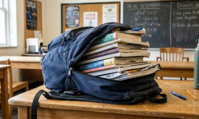 Mochila pesada de livros lembra uma infância escolar cheia de cadernos e esforço