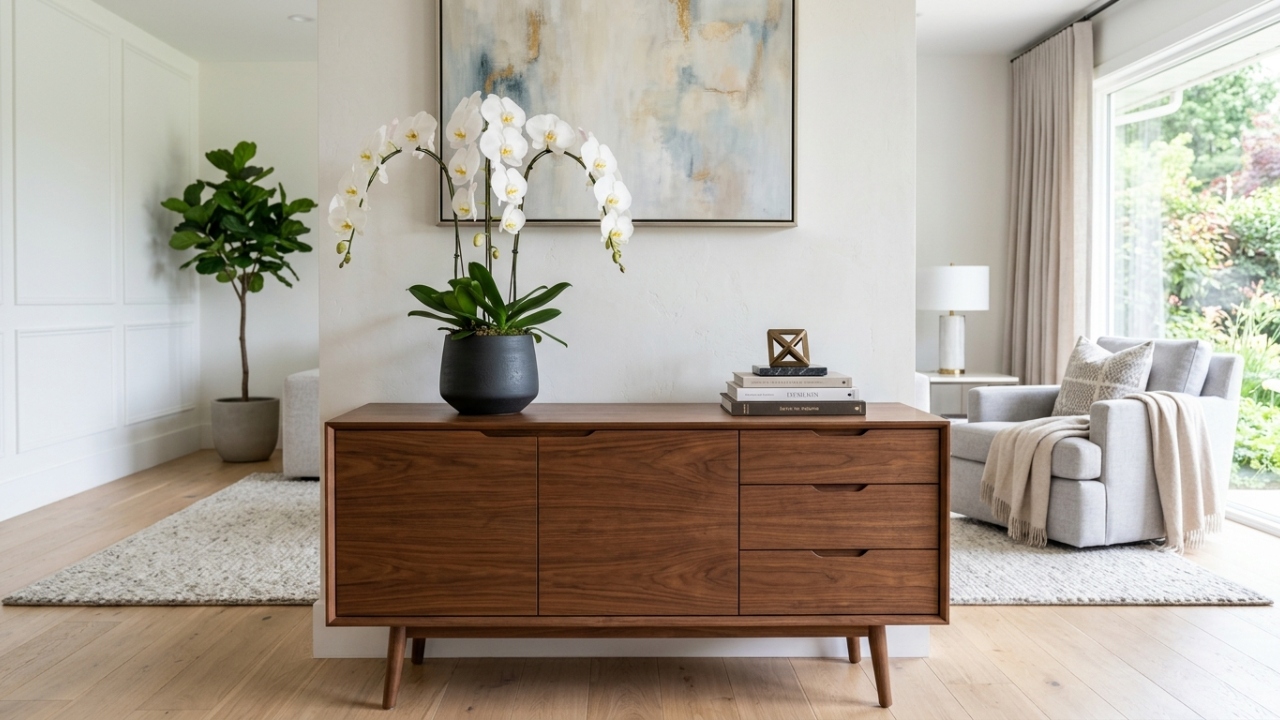 Aparador com orquídea branca muda de cara e ganha destaque elegante na decoração