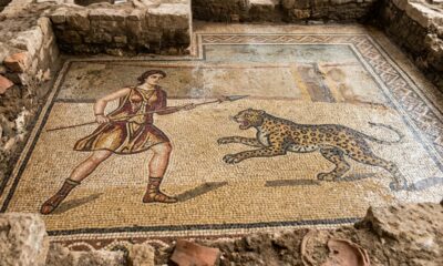 Mosaico raro revela possível mulher lutando contra leopardo em arena romana