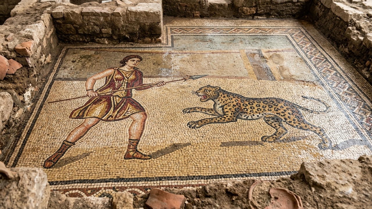 Mosaico raro revela possível mulher lutando contra leopardo em arena romana