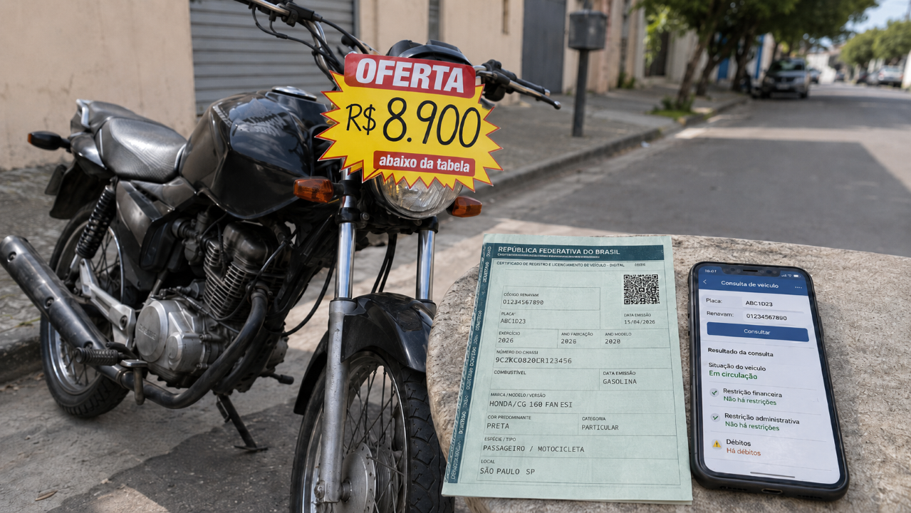 Moto barata demais pode esconder leilão, restrição ou sinistro: o documento que deve ser consultado antes da compra
