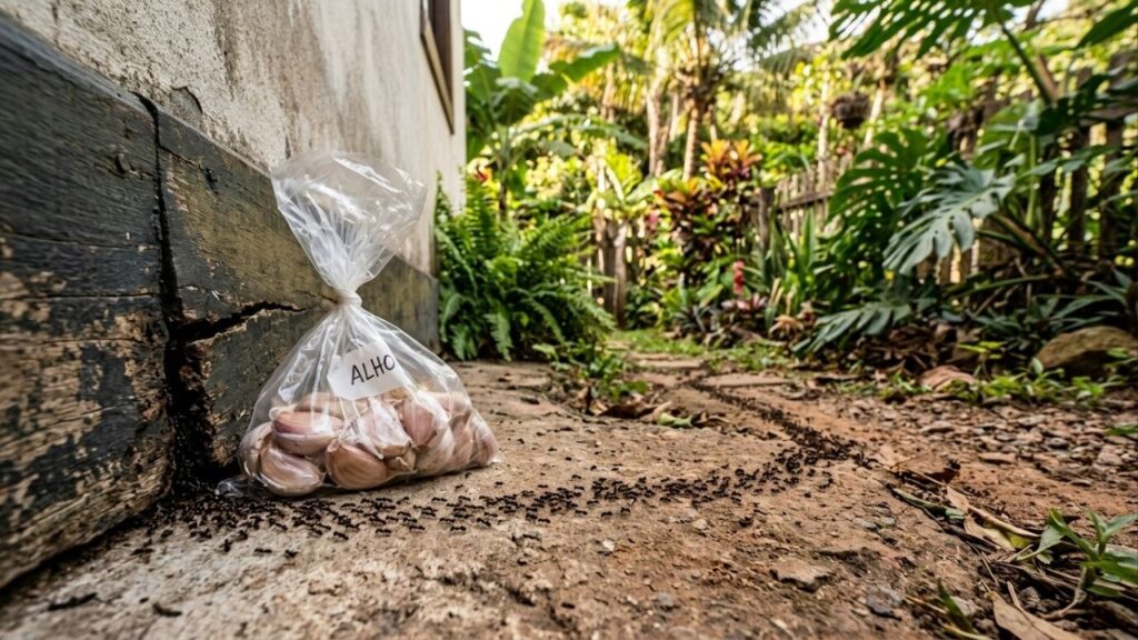 Para manter as formigas longe da varanda ou do jardim, alguns dentes de alho em um saquinho são suficientes