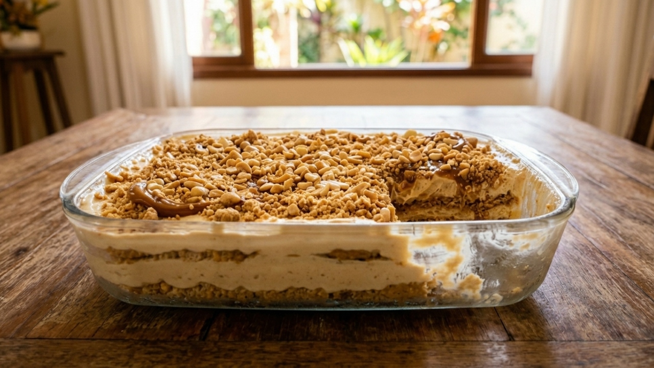 Esse pavê de paçoca fica super cremoso e geladinho, perfeito para servir em almoços de família