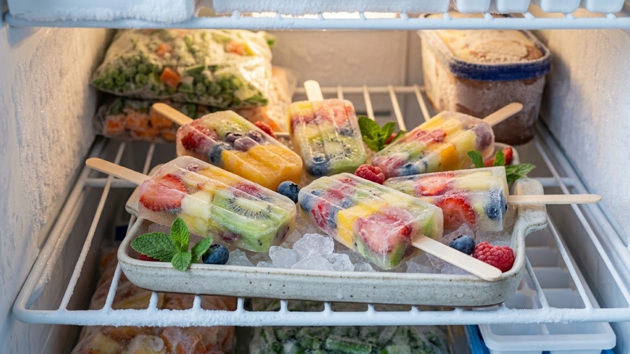 Amo abrir o freezer e ver esses picolés de salada de frutas colorindo os dias mais quentes