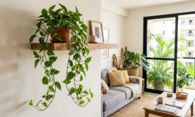 Jiboia na prateleira deixa a decoração mais bonita quando começa a cair pelas bordas