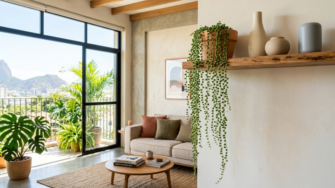 A planta colar de pérolas que transforma qualquer prateleira alta em destaque na decoração