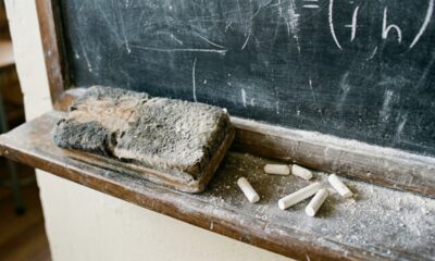 O cheiro de giz na sala de aula lembra uma escola antiga cheia de memórias da infância