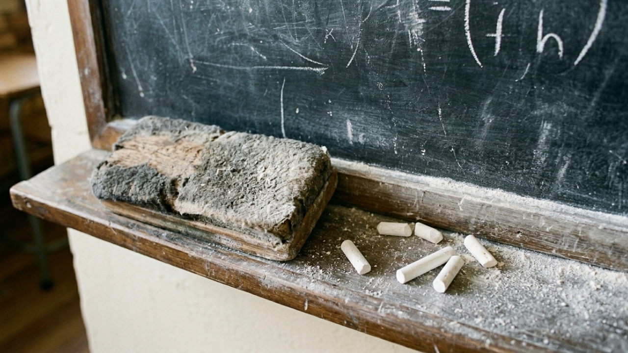 O cheiro de giz na sala de aula lembra uma escola antiga cheia de memórias da infância