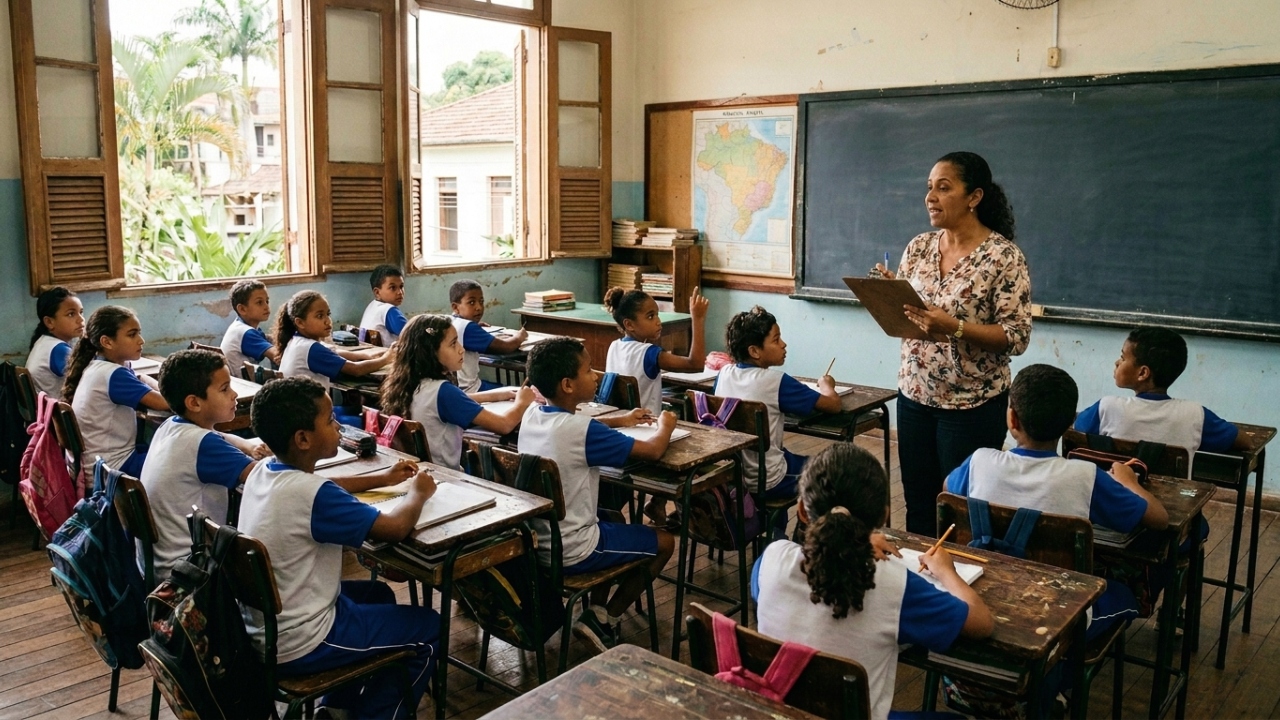 A chamada em voz alta lembra uma escola antiga cheia de rotina, silêncio e expectativa