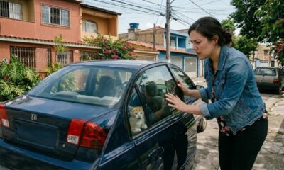 Gatinho preso dentro de um carro corre até uma mulher pedindo para ser resgatado