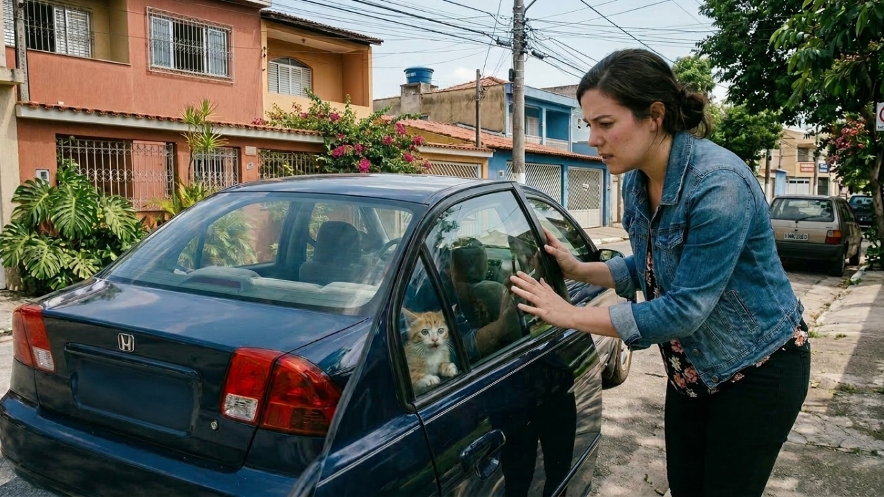 Gatinho preso dentro de um carro corre até uma mulher pedindo para ser resgatado