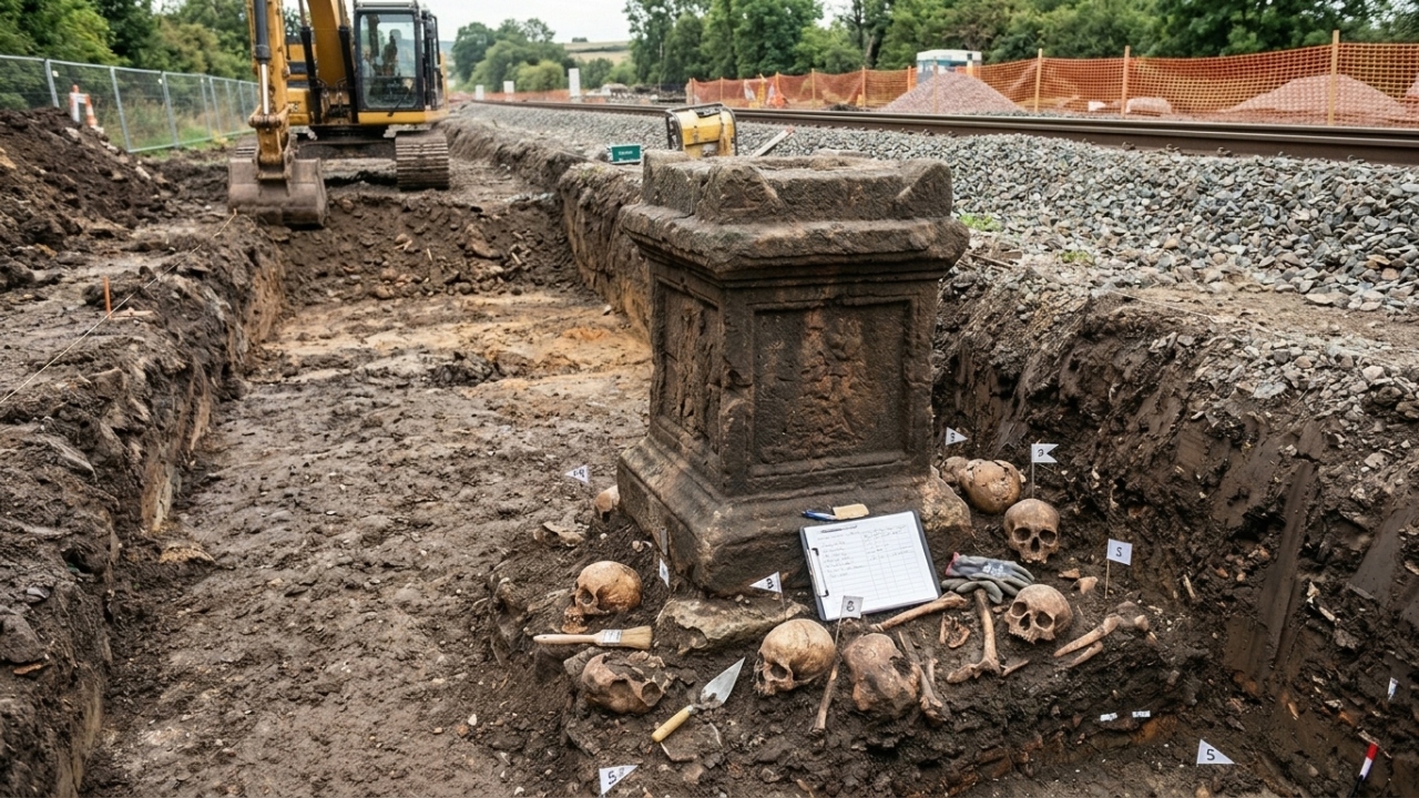 Operários que construíam uma ferrovia encontraram um altar de mil anos cercado por crânios humanos