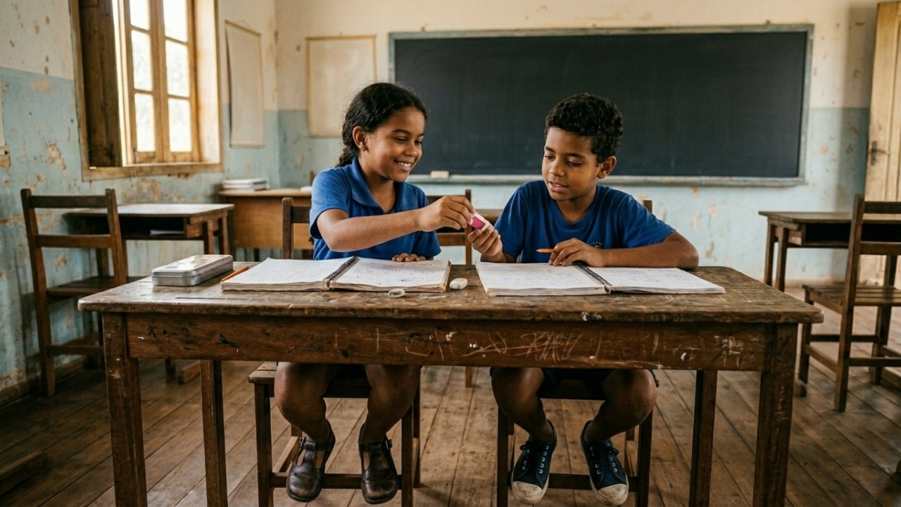Aprender com menos recursos fazia alunos dividirem lápis, borracha e caderno