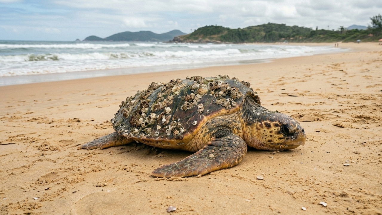 Equipes de resgate removem cracas de tartaruga marinha doente e salvam animal