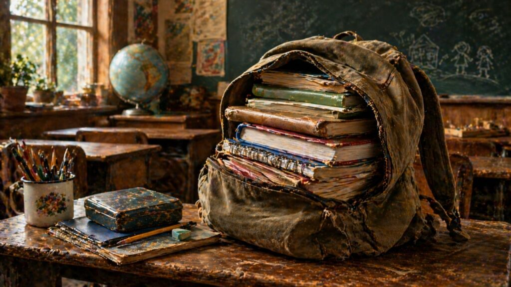 Mochila pesada de livros lembra uma infância escolar cheia de cadernos e esforço