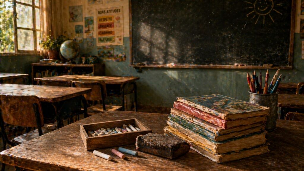O cheiro de giz na sala de aula lembra uma escola antiga cheia de memórias da infância