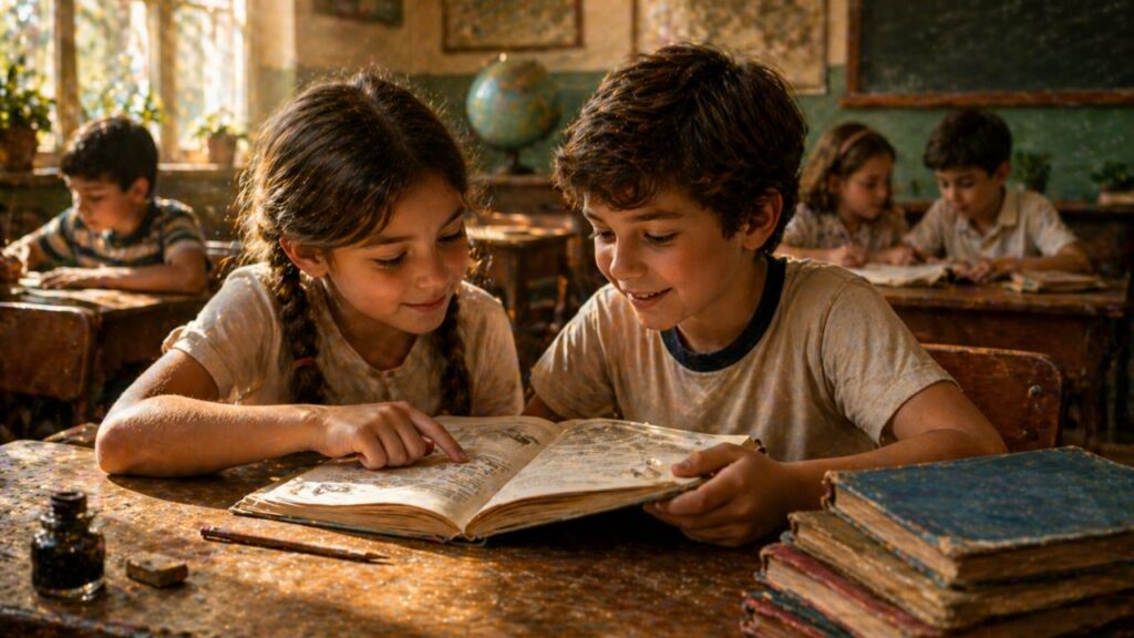 Dividir livro com colega lembra uma escola antiga mais simples e cheia de companheirismo