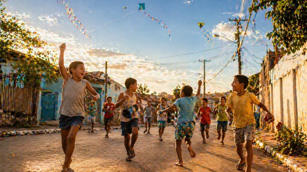 Brincadeiras como soltar pipa em grupo faziam a rua virar festa todos os dias