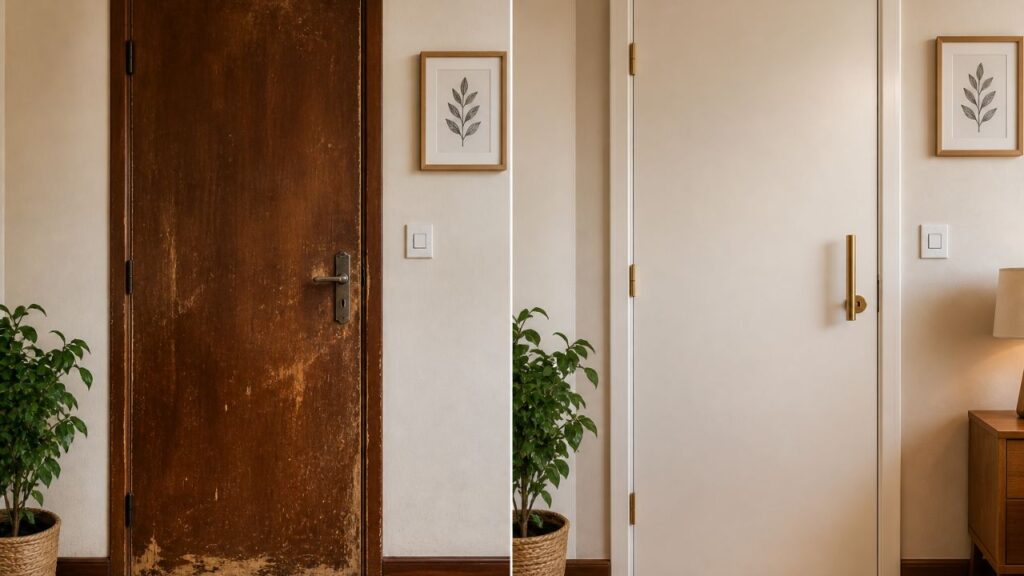 Como renovar porta velha com tinta e puxador novo sem trocar a madeira