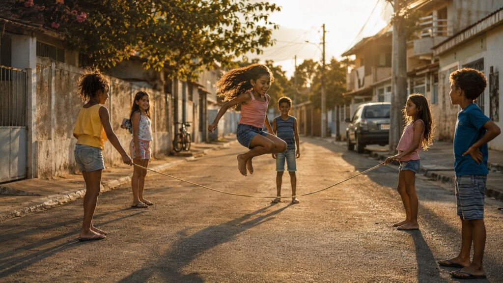 Diversões como pular corda e brincar de elástico animavam o dia sem precisar de tela nenhuma