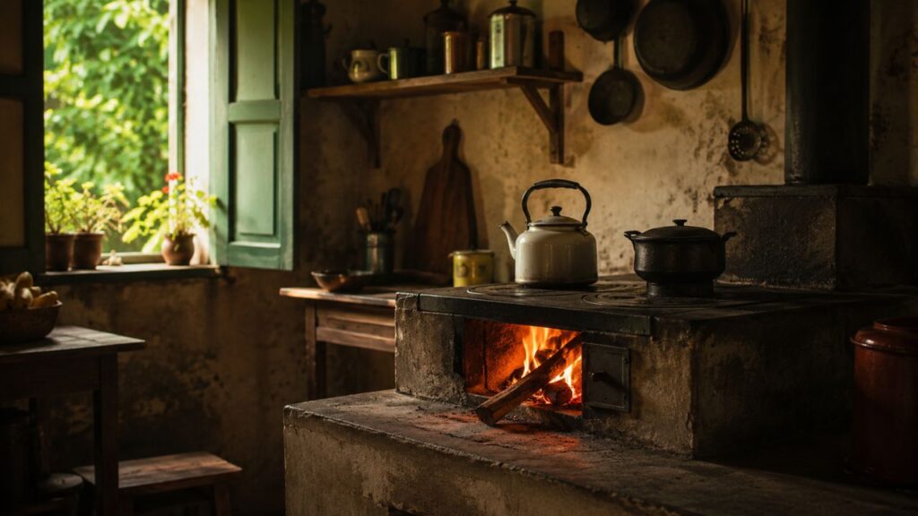 Coisas da cozinha antiga como fogão a lenha e chaleira esmaltada marcaram a infância