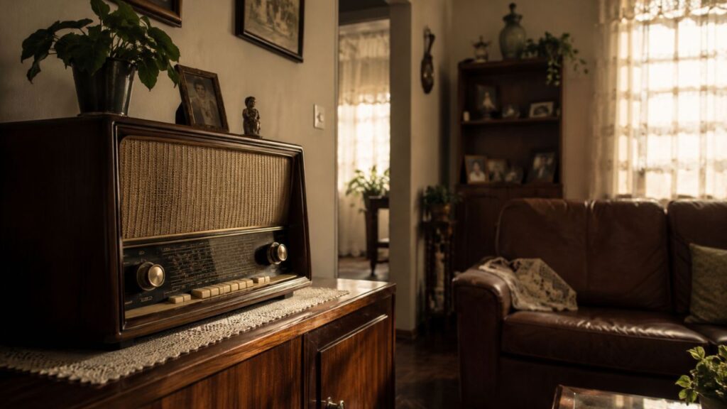 Coisas como rádio grande e sofá de couro faziam parte de quase toda sala antigamente