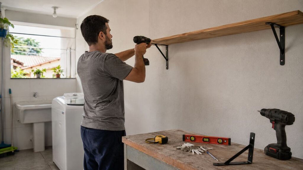 Prateleira simples de parede ajuda a organizar cozinha, quarto ou lavanderia gastando pouco