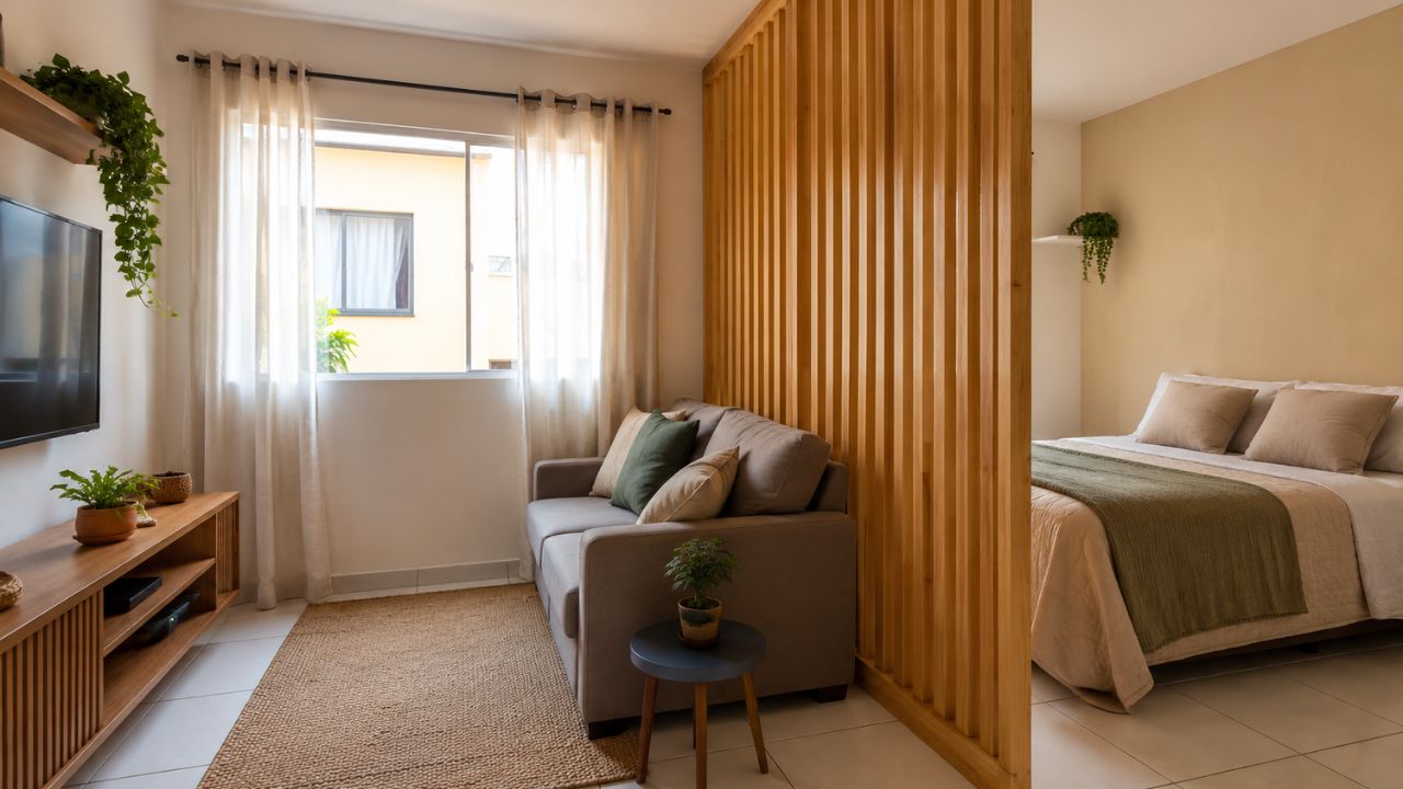 Divisória simples ajuda a separar ambientes em casa pequena sem precisar levantar parede
