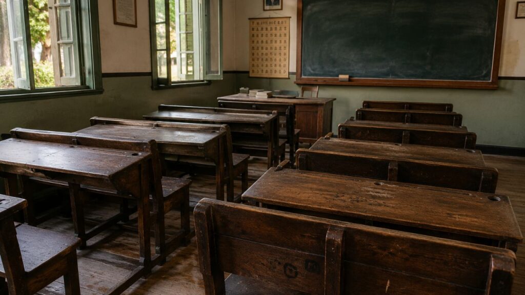 Carteira dupla de madeira lembra uma escola antiga que hoje quase não existe mais