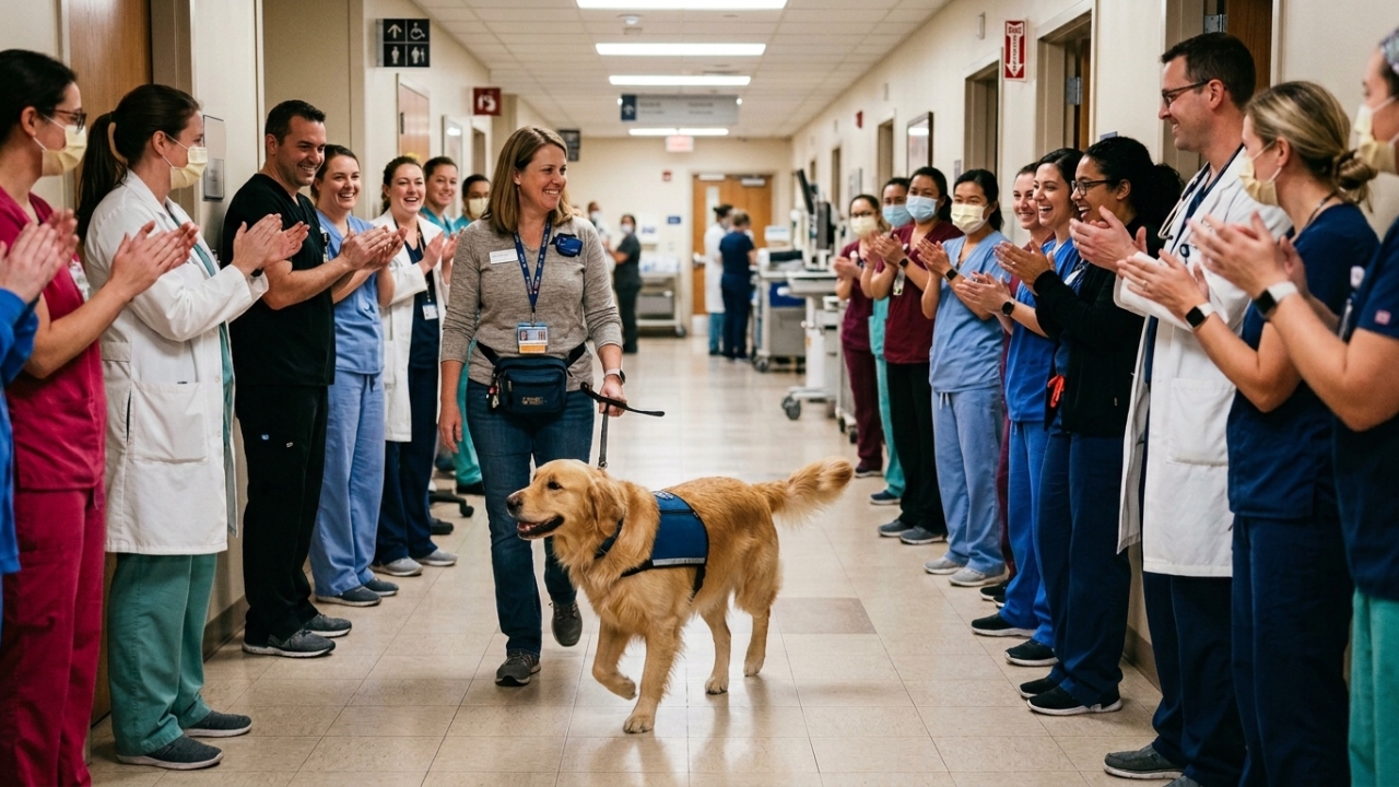 Cão de terapia recebe ovação de pé ao chegar ao hospital para trabalhar
