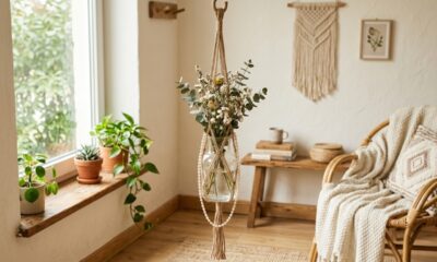 Colar-de-pérolas em vaso suspenso combina com decoração boho e transforma cantos simples