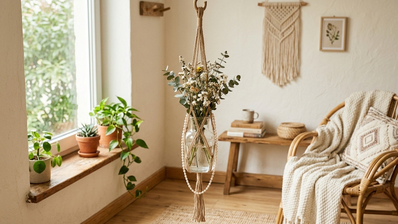 Colar-de-pérolas em vaso suspenso combina com decoração boho e transforma cantos simples